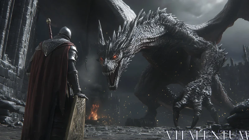 Cinematic 3D duel of armored knight and dragon in ruins.