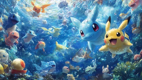 Dynamic underwater Pokemon swarm in luminous digital painting.