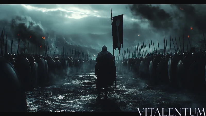 Lone warrior standing bravely between shadowed armies.