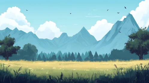 Mountain meadow landscape under clear summer sky.