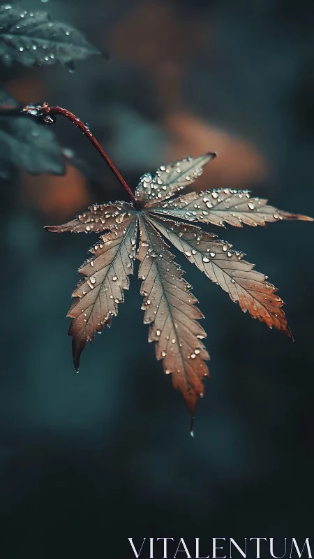 Raindrop covered brown leaf against dark blurred background.