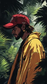 Urban dreamer draped in gold wandering through jungle hush.