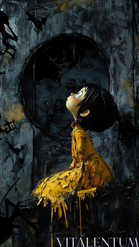 Girl in dripping yellow dress against dark textured wall.