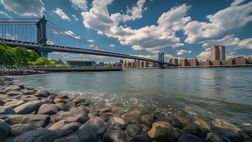 Suspension bridge over urban riverfront under scattered clouds.
