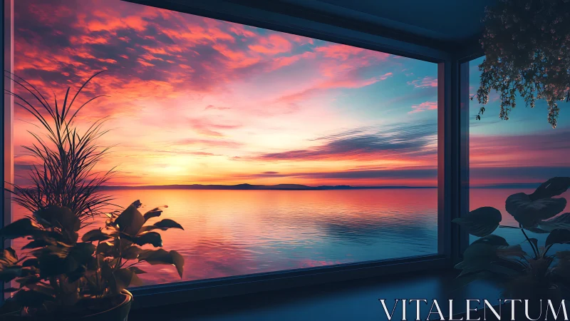 Panoramic bay sunset framed by indoor foliage silhouettes