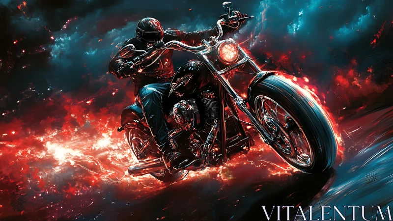 Inferno highway rider streaking through electric stormfire.