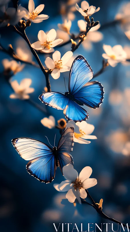 Bifocal chromatic analysis of blue butterflies on blossom branches.