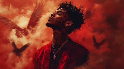 Crimson cloudbreaker with ravens swirling in fierce ascent.