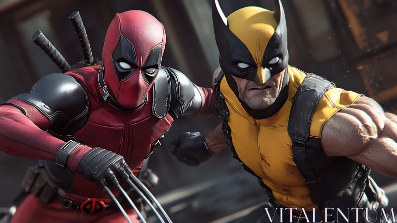 3D action duo in dynamic close-quarters combat composition.