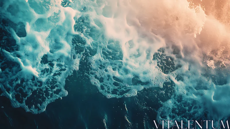 Sunlit sea foam collides with deep teal twilight waves.