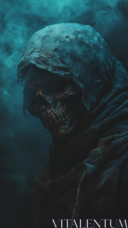 Hooded skeletal reaper emerges from swirling blue fog.