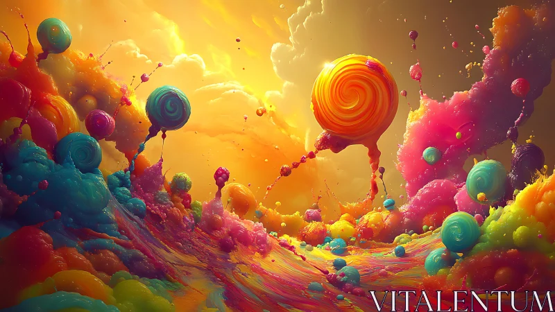 Swirling luminous spheres float above turbulent neon clouds