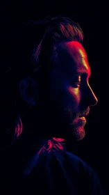 Neon side profile isolates male silhouette in deep shadows