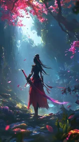 Sword-bearing figure under pink foliage in luminous forest.