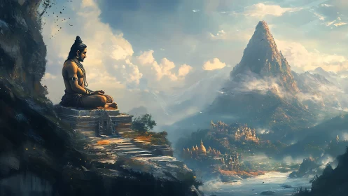 Meditating figure overlooks distant mountain and valley settlement