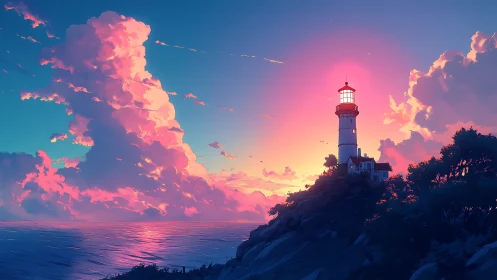 Digital seascape shows lighthouse on headland at sunset