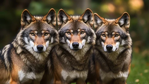 Symmetrical lineup of four wolves under shallow depth-of-field lighting