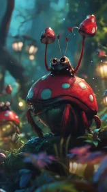 Mushroom-crowned ladybug creature surveys glowing forest