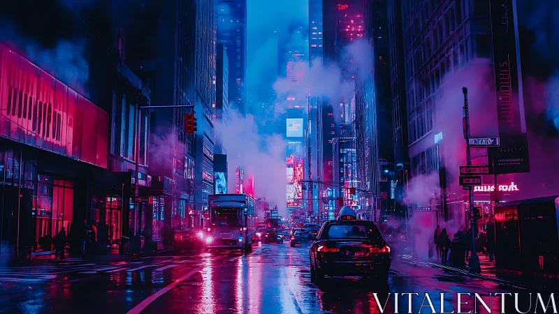 Neon lit city street at night with traffic and steam.