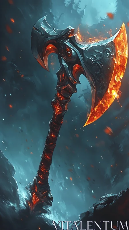 Runed battle axe ignites amid glacial mist in dynamic contrast