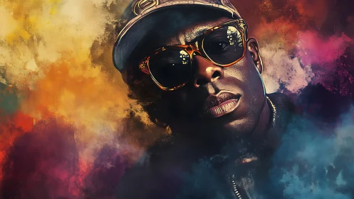 Moody streetwear portrait amid explosive color clouds.