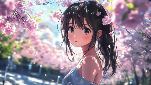 Anime girl glows softly beneath drifting cherry blossoms.