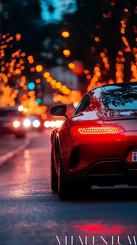 Rear three-quarter view of red sports coupe in dusk city traffic