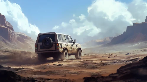 Off road SUV drives through dry desert canyon landscape