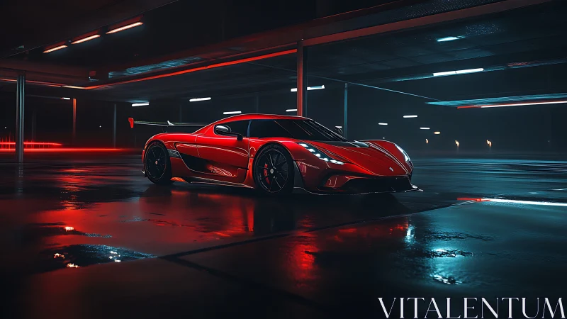 Midnight red supercar gliding through neon reflections.