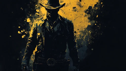 Silhouetted cowboy gunslinger against bold yellow splatter.