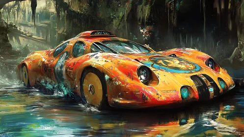 Bright orange racing car moves through shallow reflective water