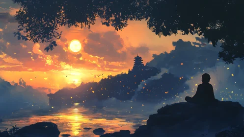 Monk meditates by luminous sunset lake, distant pagoda