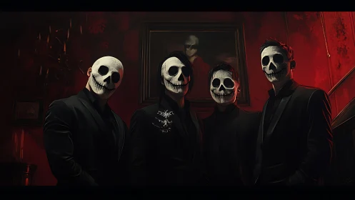 Four masked figures stand in dark suits under red interior lighting