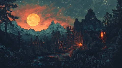 Moonlit alpine valley glows under fiery crimson sky.