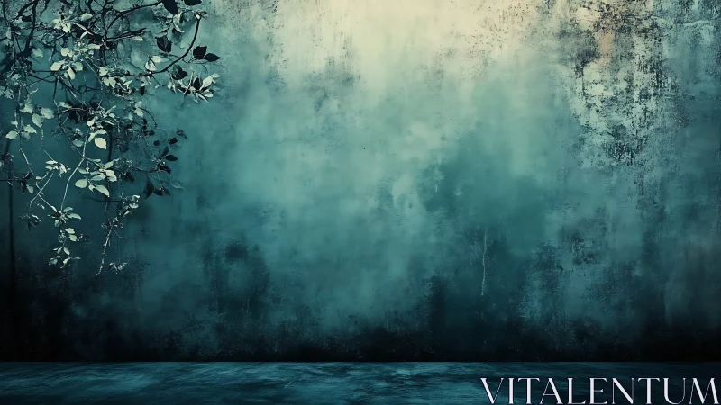 Aged teal wall and overhanging foliage create atmospheric depth