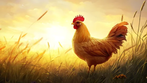 Golden Hour Rooster in Wheat Field Landscape.
