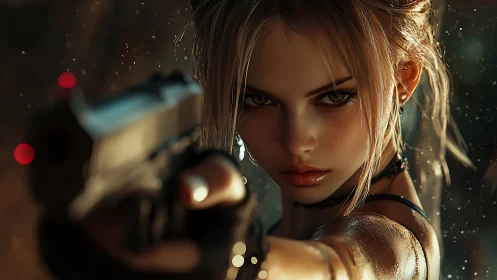 Cinematic close-up of armed femme fatale, digital painting focus.