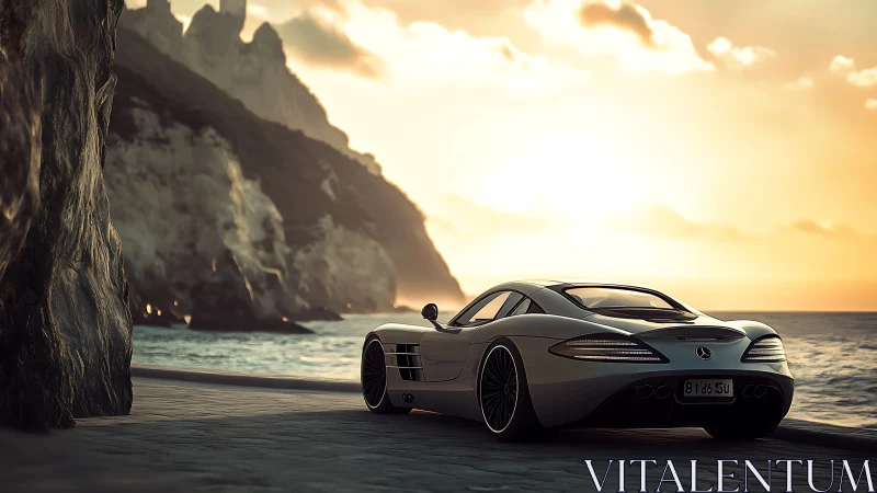 Aerodynamic silver supercar at sunset coastal roadway overlook.