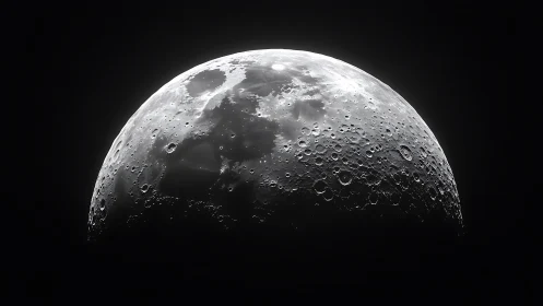 Sharp monochrome close-up of the Moon’s cratered surface.