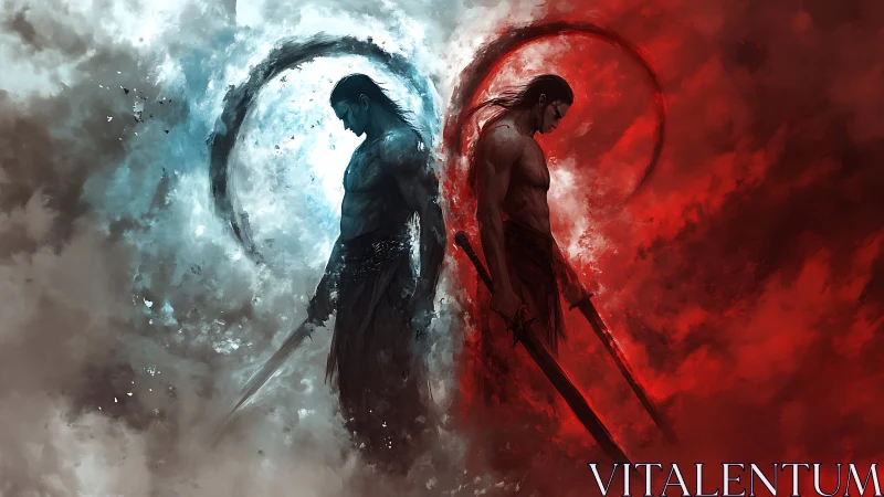 Dual sword warriors in divided red and blue atmosphere.
