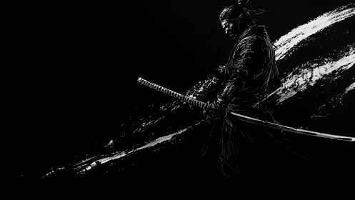 Lone samurai silhouette holds twin katanas in motion