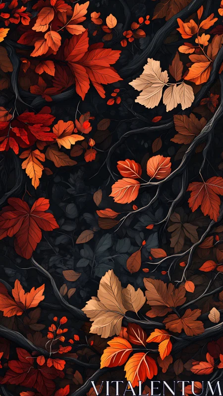 Autumn leaves drift across dark woodland branches in silence