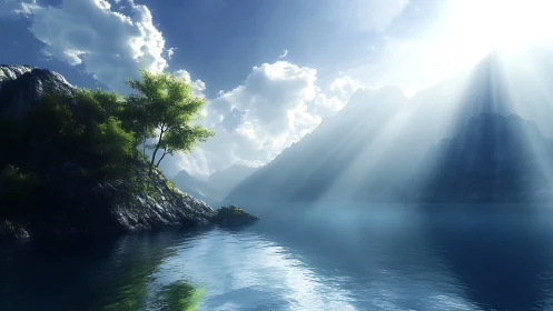 Luminous alpine inlet with volumetric god rays over water.