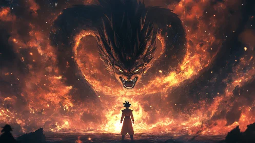 Silhouetted figure confronts fiery dragon-like entity in flames