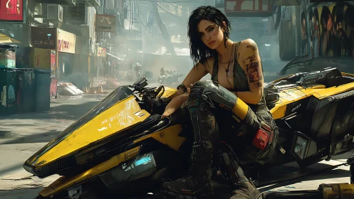Cyberpunk courier resting on yellow hoverbike in alleyway.