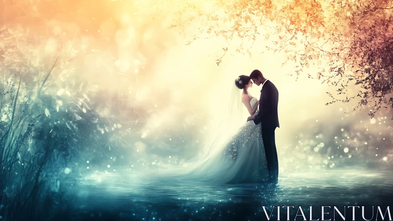 Enchanted wedding couple embraces in shimmering waterscape