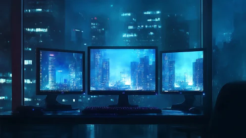 Triple-monitor workstation overlooks blue cyberpunk cityscape