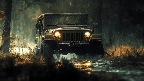 Rain-splashed off-road SUV rolls boldly through a misty forest