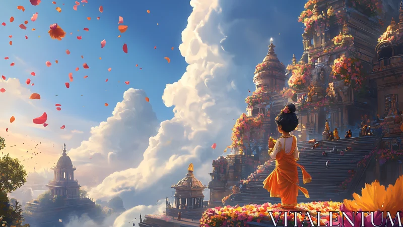 Child observes tiered temple complex amid drifting petals