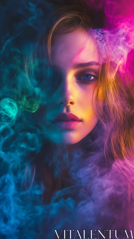 Vivid portrait merges female face with swirling neon smoke
